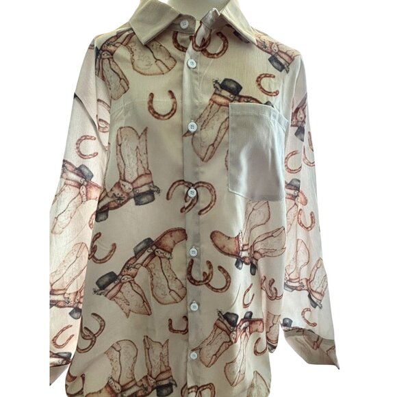 Vintage Western Cowboy Boots & Horseshoes Sheer Button-Up Shirt Size L - Picture 1 of 8